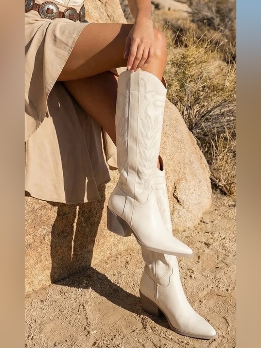 Altar'd State White Knee-High Western Heeled Boots